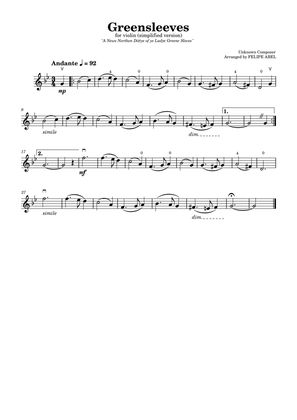 Greensleeves for Violin (Simplified Version)