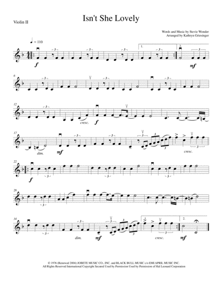 Isn't she lovely Sheet music for Violin, Cello (String Duet)