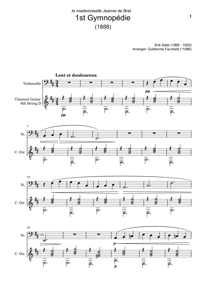 Erik Satie - 1st Gymnopédie. Arrangement for Violoncello and Classical Guitar image number null
