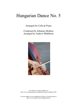 Book cover for Hungarian Dance No. 5 in G Minor arranged for Cello and Piano