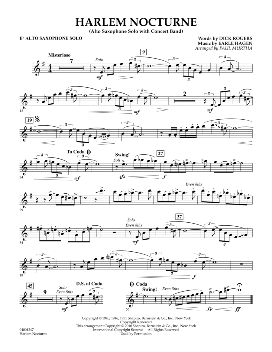 Harlem Nocturne (Alto Sax Solo with Band) - Eb Alto Saxophone Solo