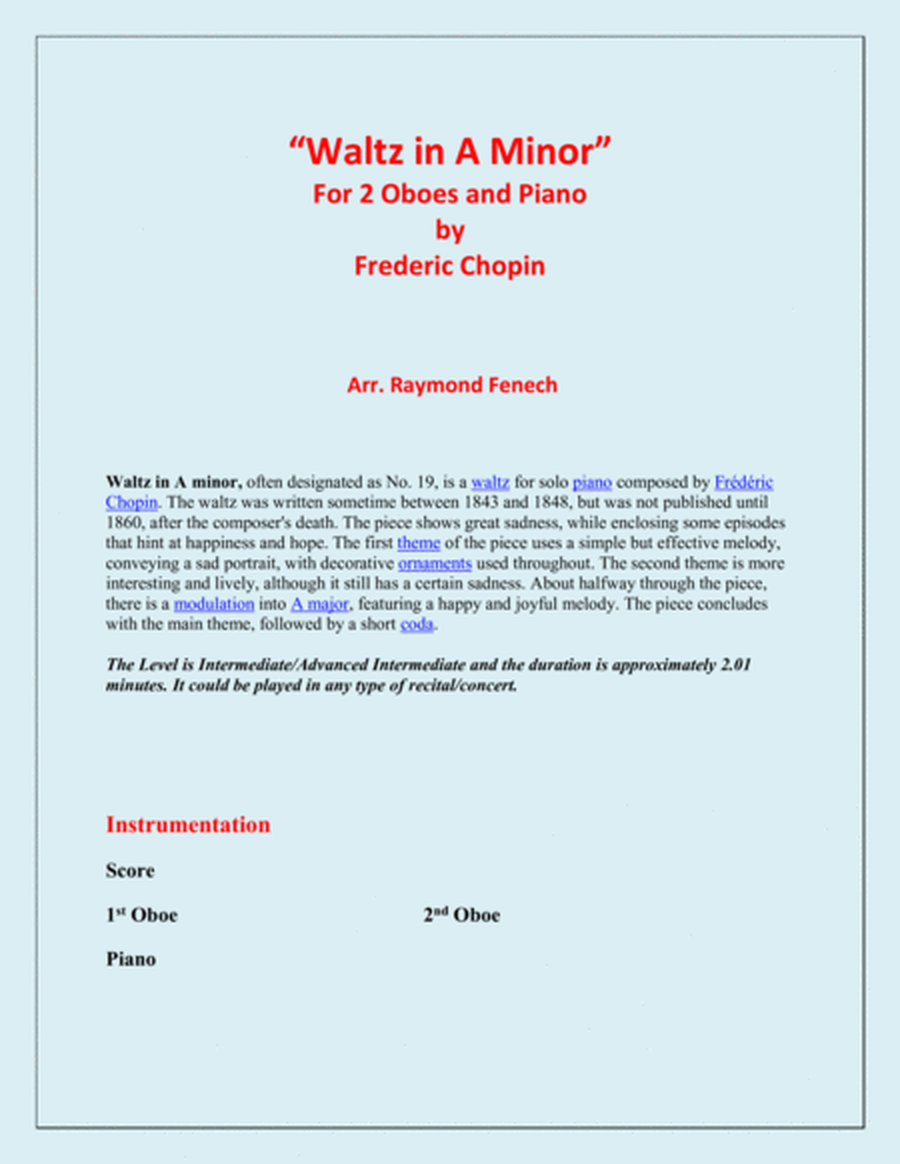 Waltz in A Minor (Chopin) - 2 Oboes and Piano - Chamber music image number null
