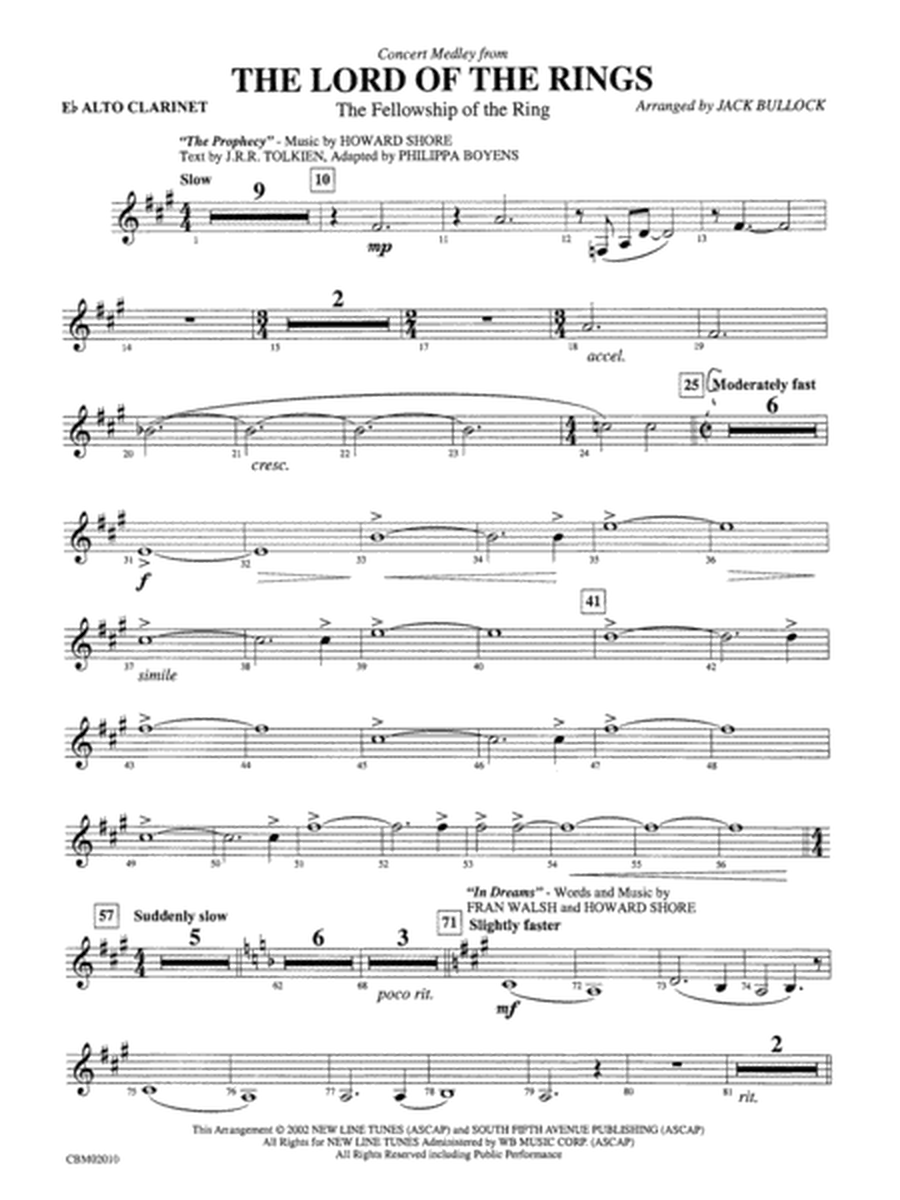 The Lord of the Rings: The Fellowship of the Ring, Concert Medley from: E-flat Alto Clarinet