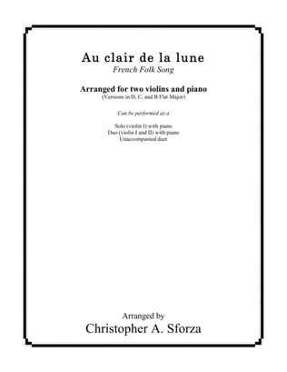 Au clair de la lune, for two violins and piano