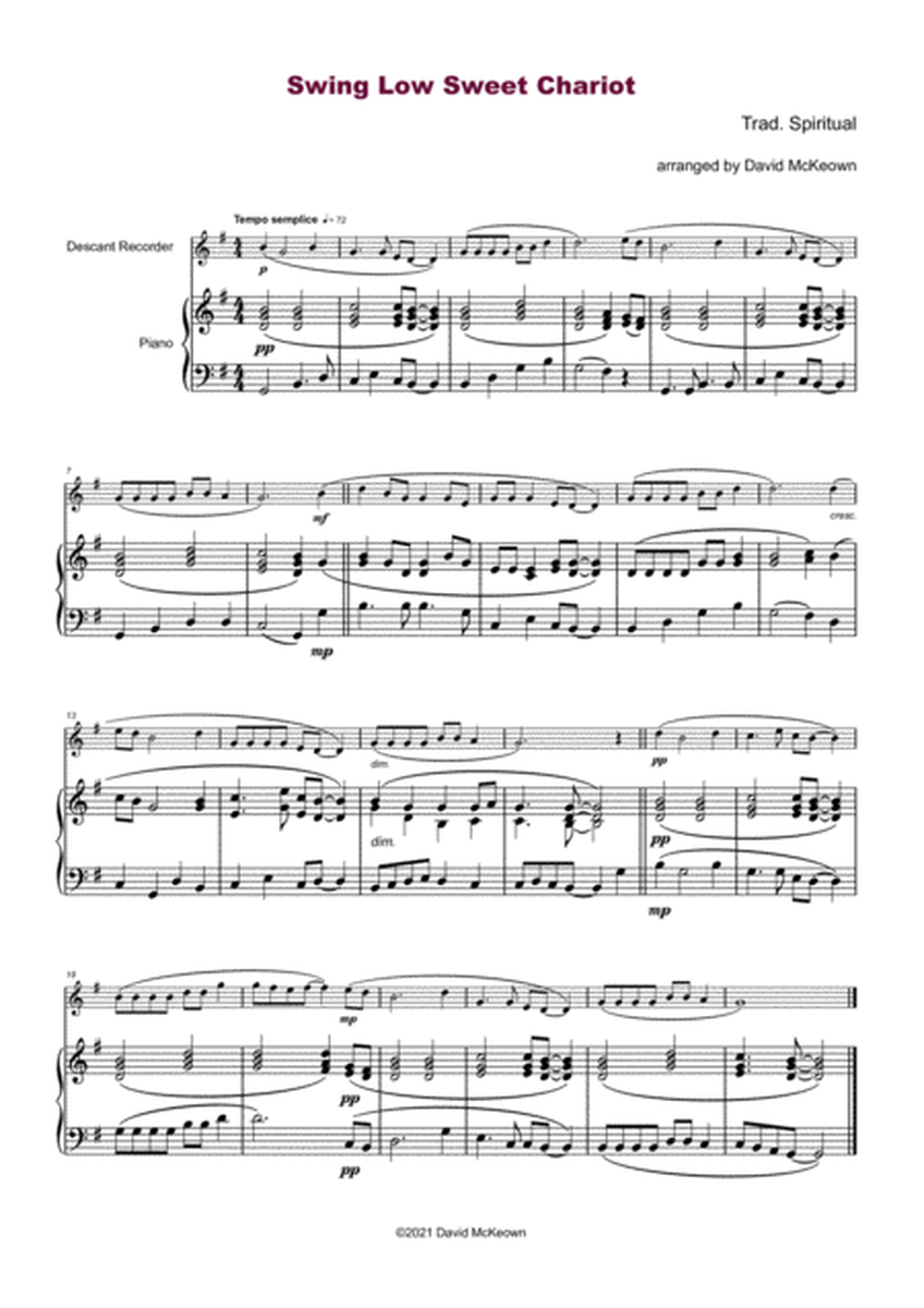 Swing Low Sweet Chariot. Gospel Song for Descant Recorder and Piano