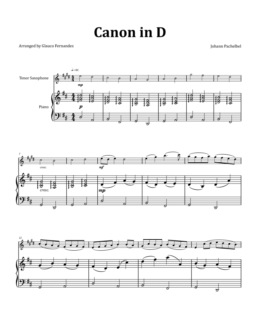 Canon by Pachelbel - Tenor Saxophone & Piano image number null