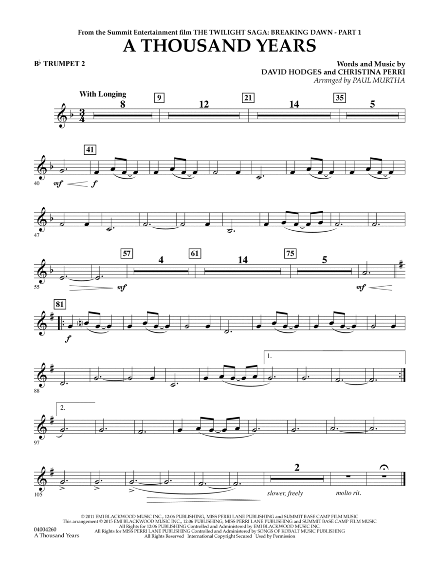 A Thousand Years (from The Twilight Saga: Breaking Dawn, Part 1) - Bb Trumpet 2