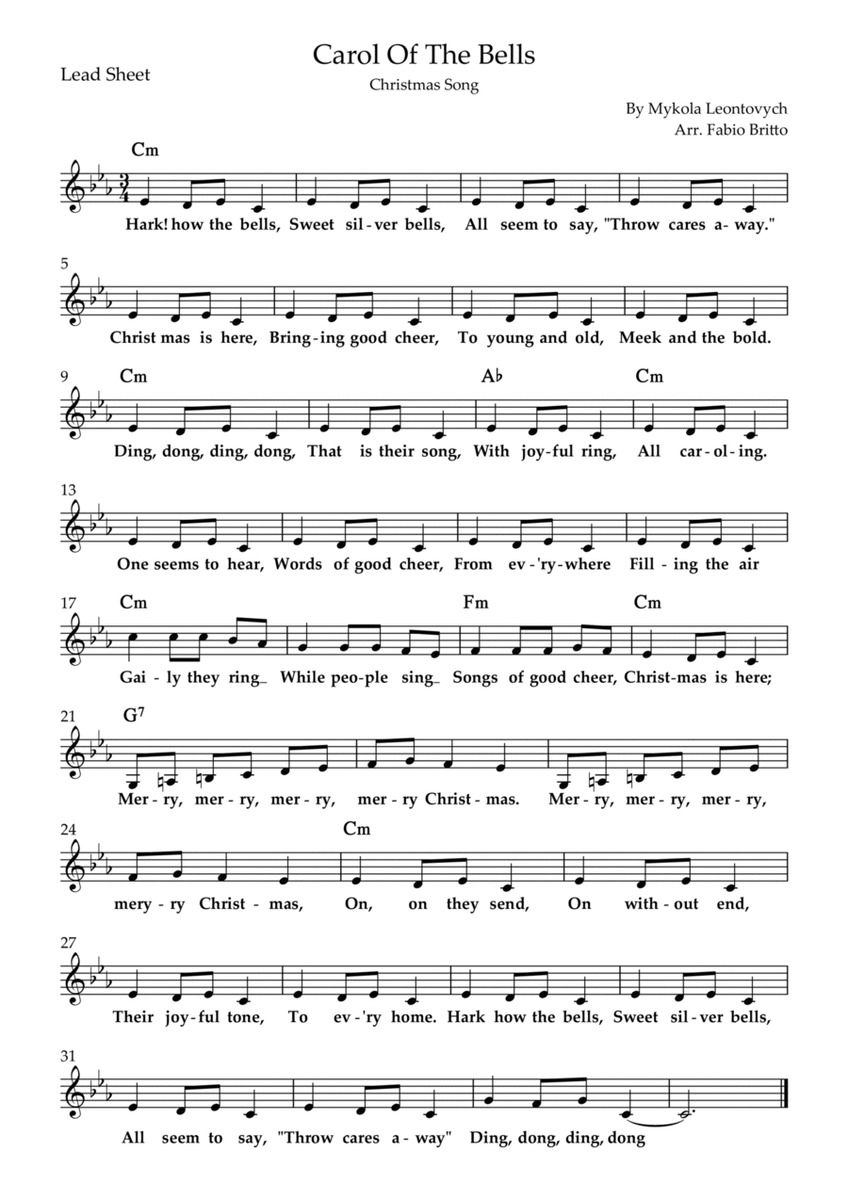 Carol Of The Bells (Christmas Song) Lead Sheet in Eb/Cm