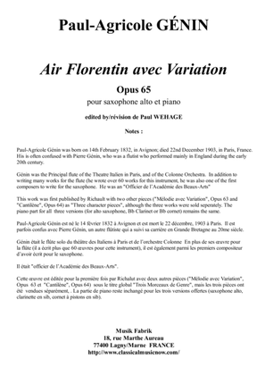 Book cover for Paul-Agricole GÉNIN: Air Florentin avec Variation Opus 65 for alto saxophone and piano