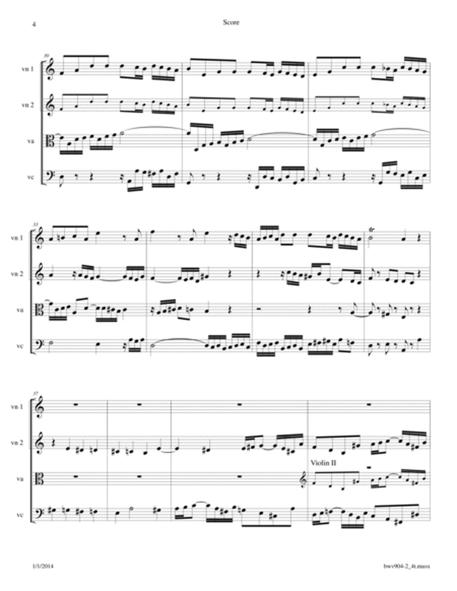 Bach: Fugue in a, BWV 904 arranged for String Quartet image number null