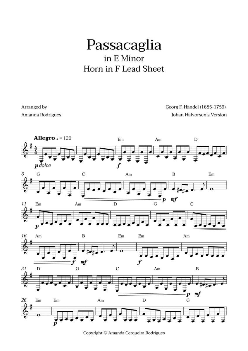 Passacaglia - Easy Horn in F Lead Sheet in Em Minor (Johan Halvorsen's Version) image number null