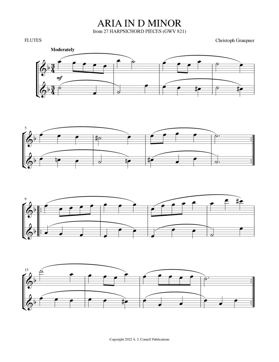 Aria in D Minor (from 27 Harpsichord Pieces) by Christoph Graupner Flute Duet - Digital Sheet Music