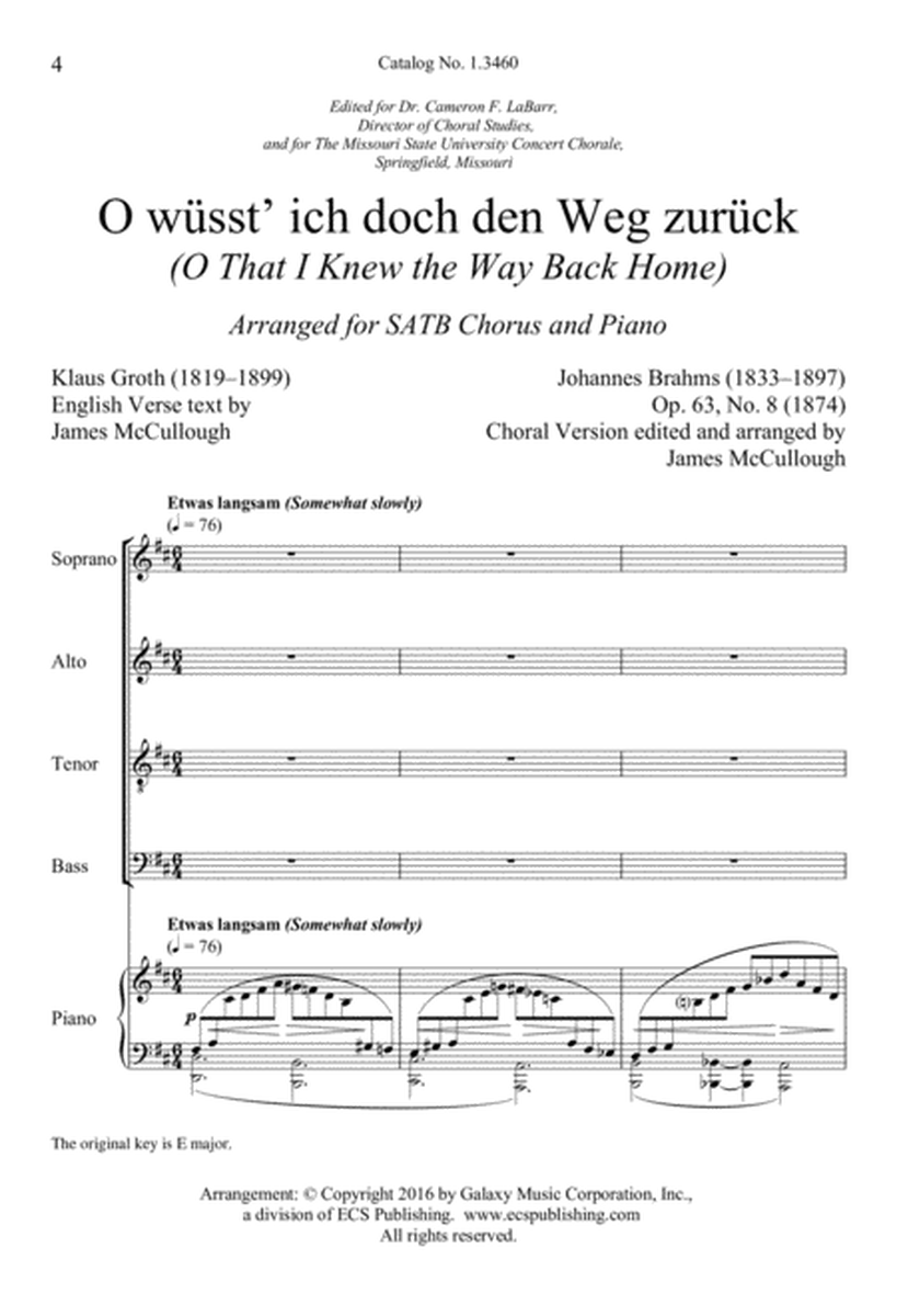 O wüsst’ ich doch den Weg zurück (O That I Knew the Way Back Home) (Downloadable)