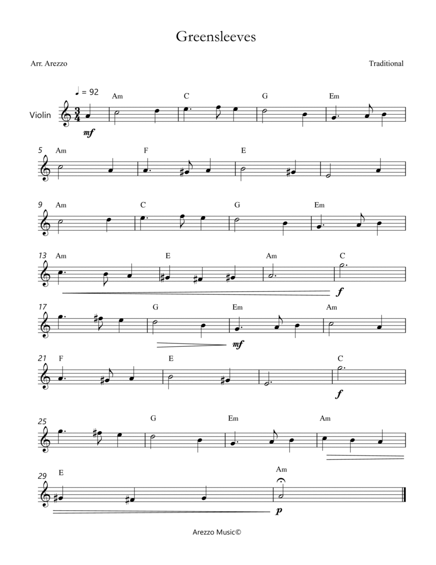 Greensleeves - Lead Sheet for Violin Melody and Chords image number null