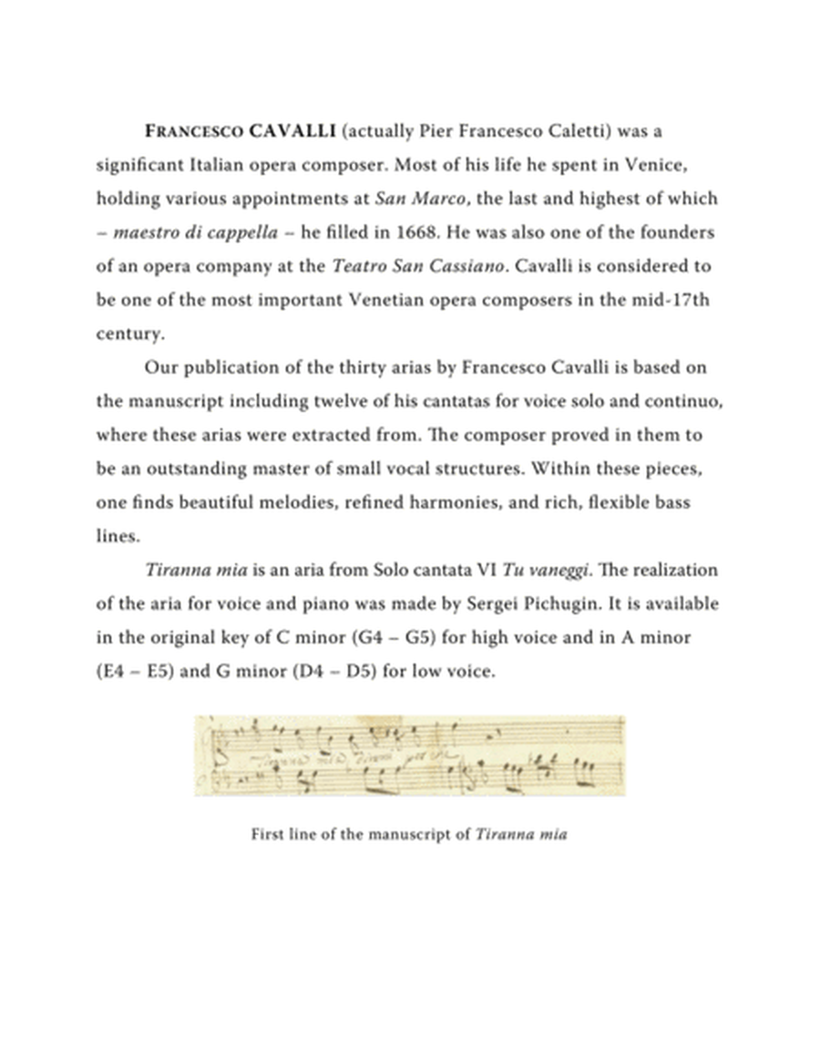 CAVALLI Francesco: Tiranna mia, aria from the cantata, arranged for Voice and Piano (C minor) image number null