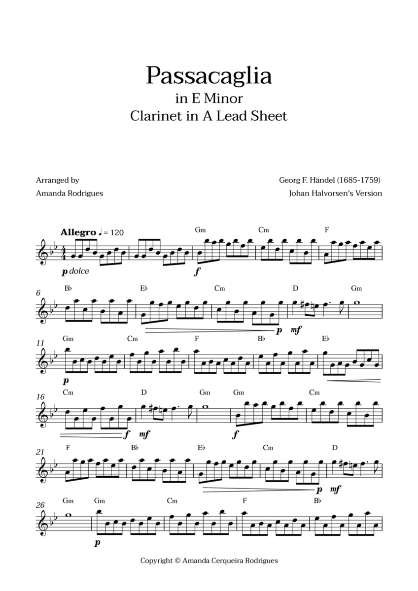 Passacaglia - Easy Clarinet in A Lead Sheet in Em Minor (Johan Halvorsen's Version) image number null