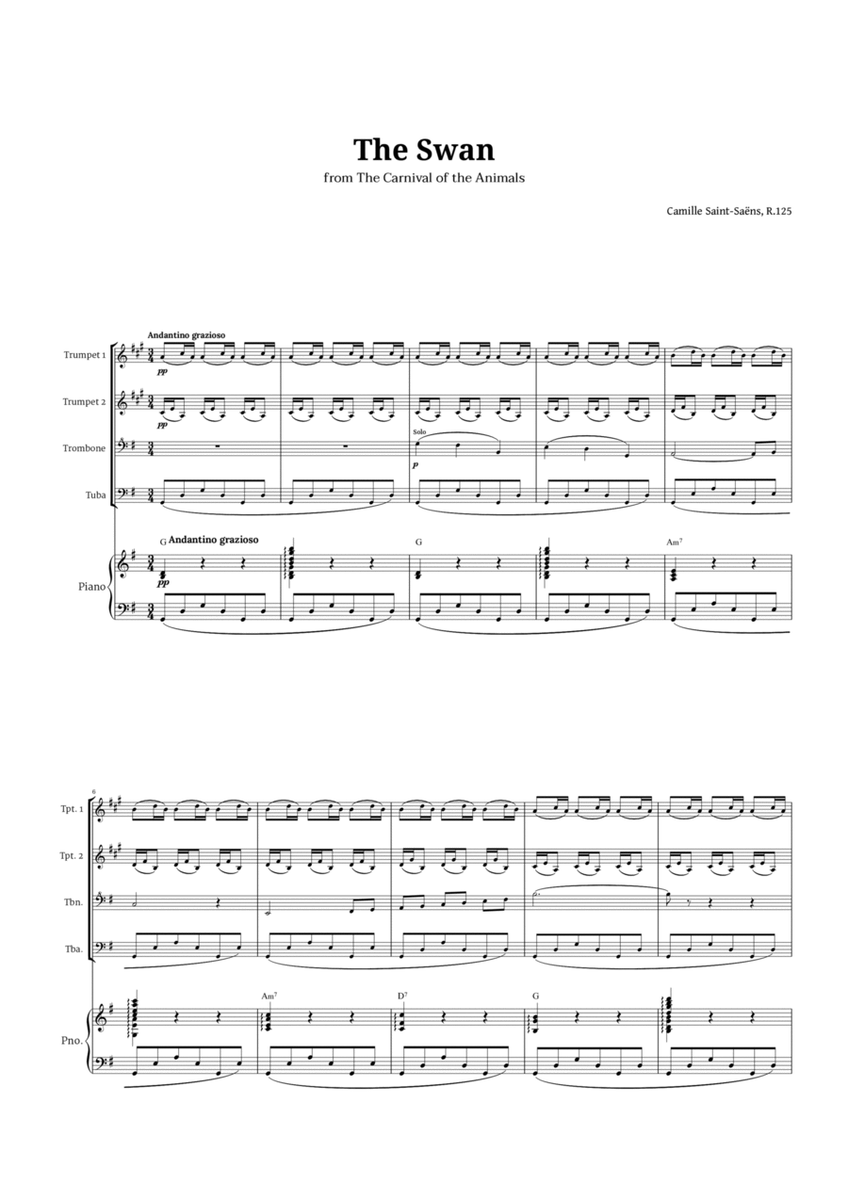 The Swan by Saint-Saëns for Brass Quartet and Piano with Chords image number null