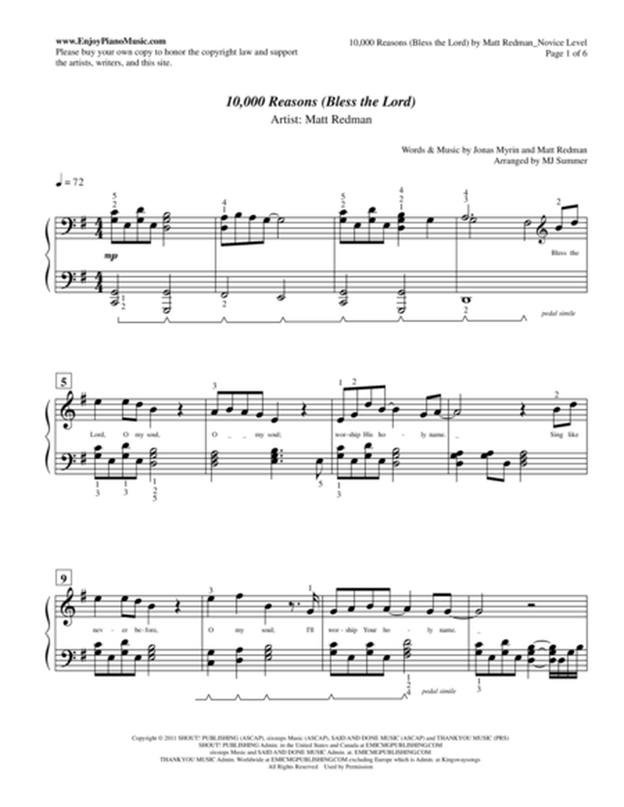 10,000 Reasons (Bless the Lord) by Matt Redman--Piano Solo with Lyrics at Intermediate Level