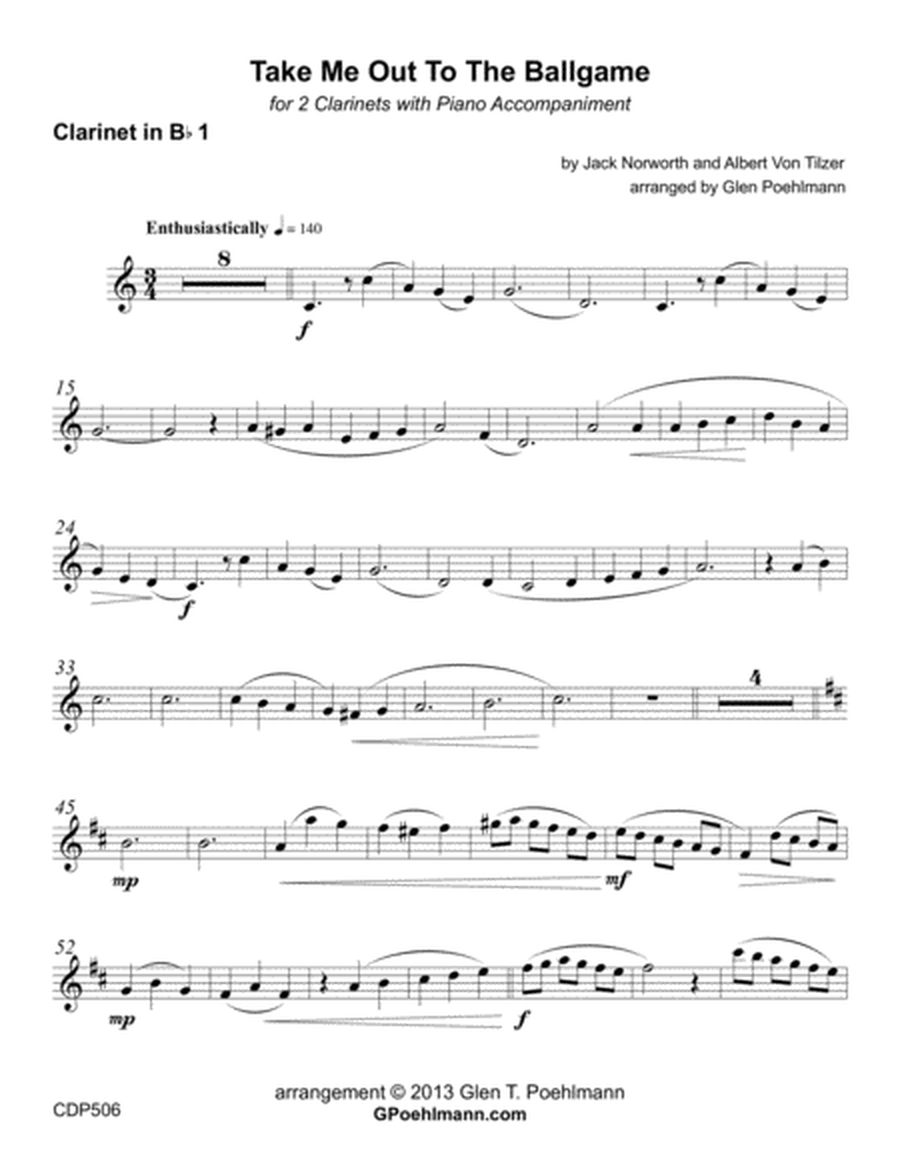 TAKE ME OUT TO THE BALL GAME - CLARINET DUET with Piano Accompaniment image number null