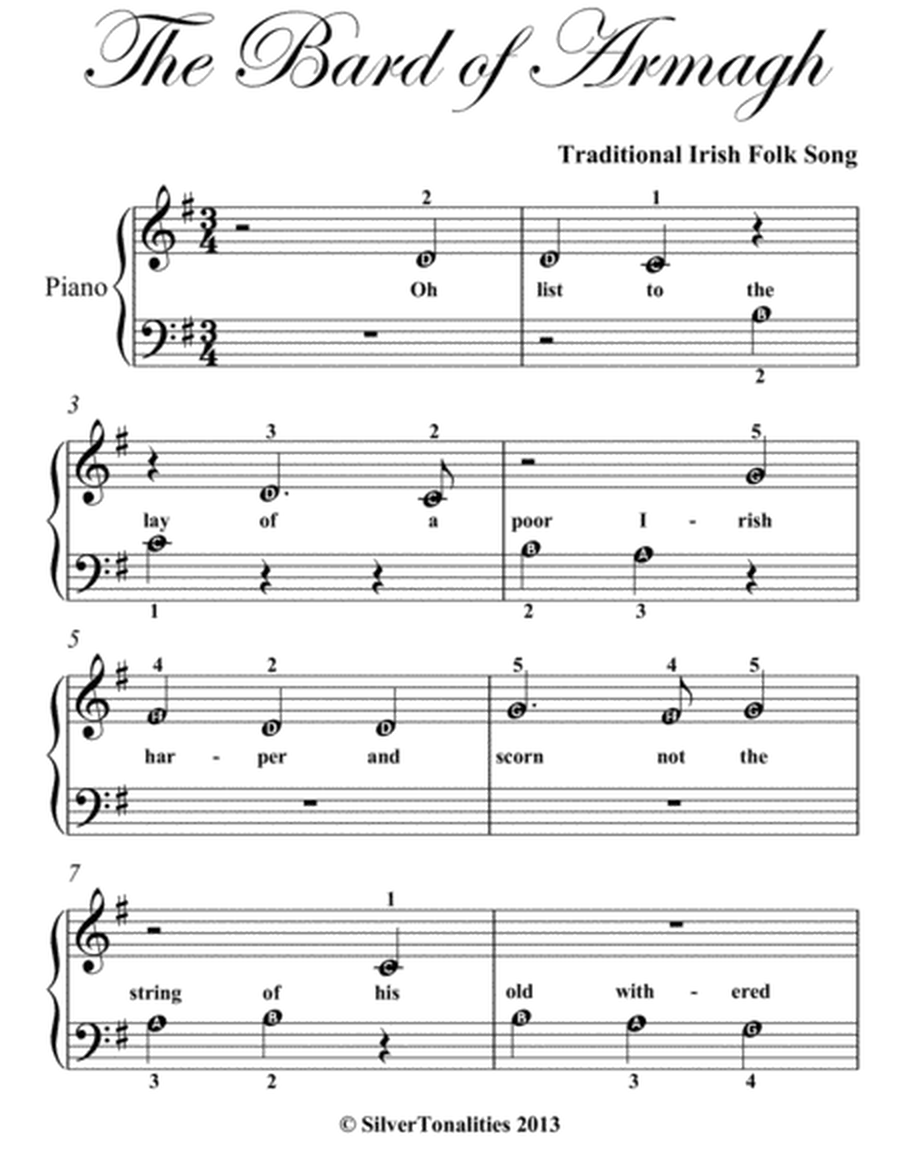 Bard of Armagh Beginner Piano Sheet Music