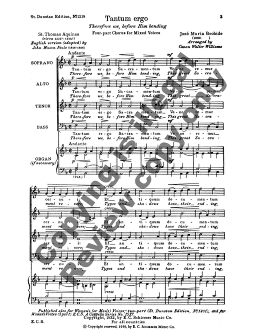 Tantum ergo (Therefore We, Before Him Bending) by Jose Maria Beobide 4-Part - Sheet Music