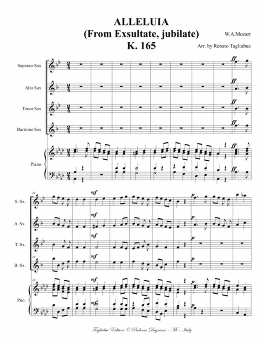 ALLELUIA - K 165 - W.A. Mozart - Arr. for Sax Quartet and Piano - With Parts image number null