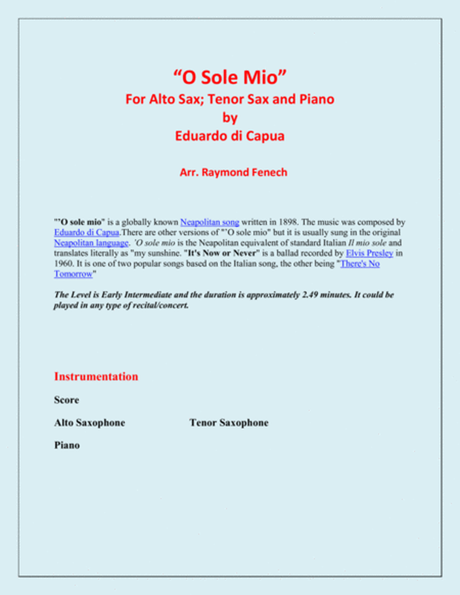 O Sole Mio - Alto Saxophone; Tenor Saxophoe and Piano image number null
