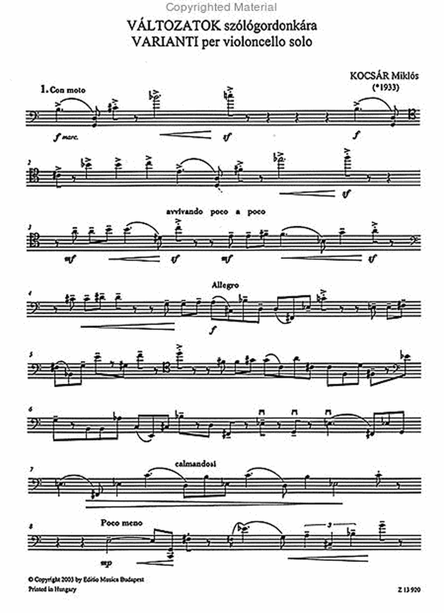 Valtozatok Varianti Violoncello Solo