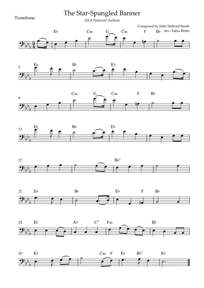 The Star Spangled Banner (USA National Anthem) for Trombone Solo with Chords (Eb Major)