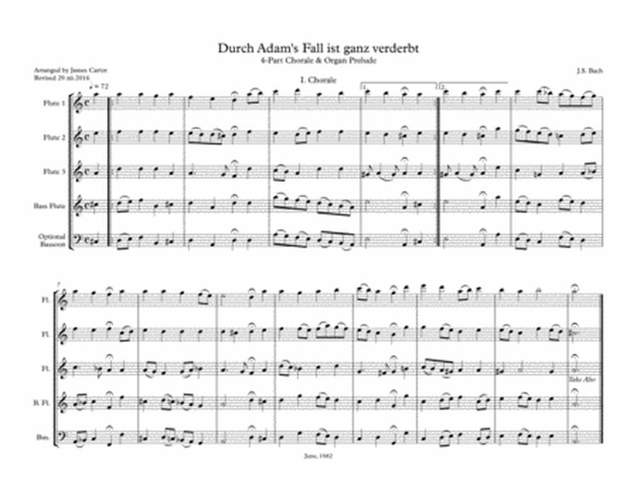 Durch Adam's Fall ist ganz verderbt, I. Chorale, by J.S. Bach, arranged for Flute Choir (3 Flutes (3 image number null