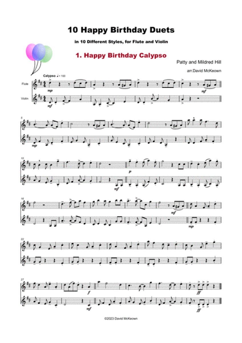 10 Happy Birthday Duets, (in 10 Different Styles), for Flute and Violin