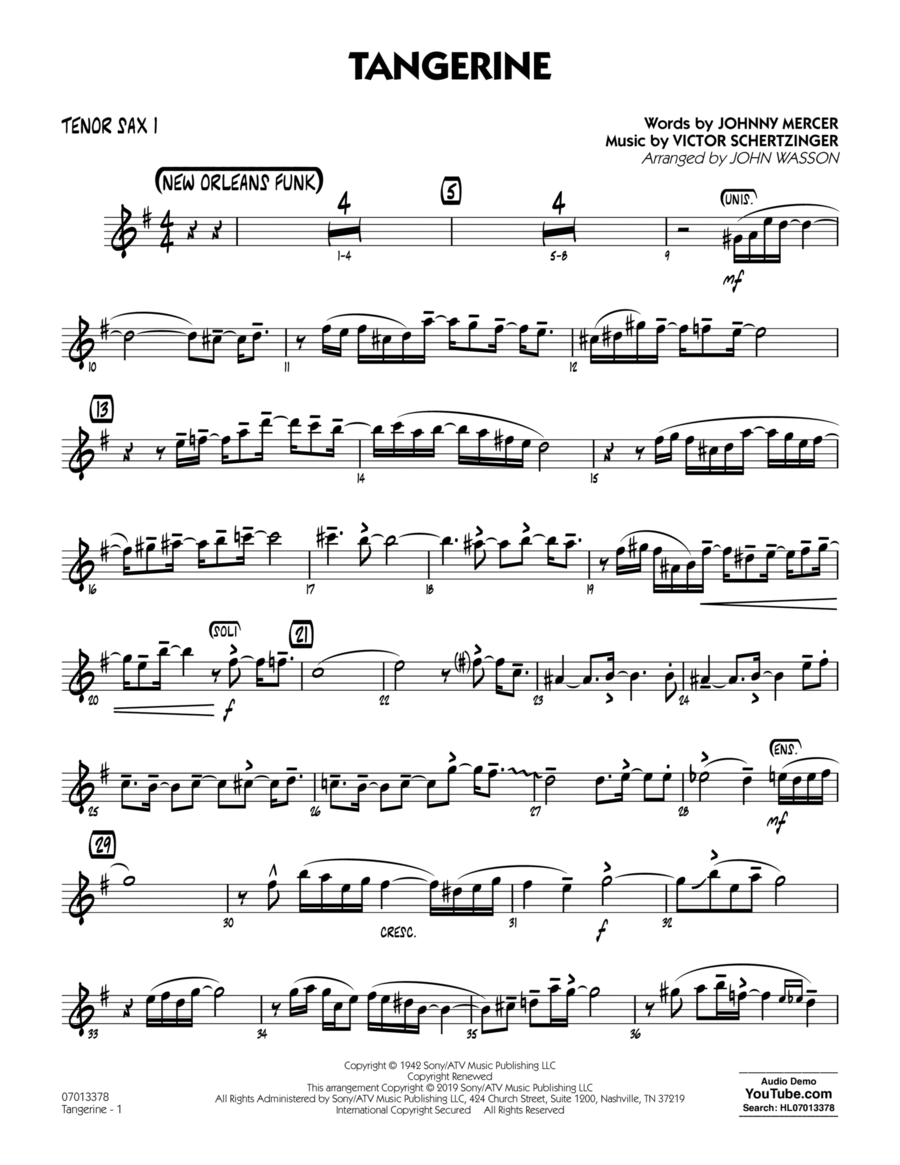 Tangerine (arr. John Wasson) - Tenor Sax 1