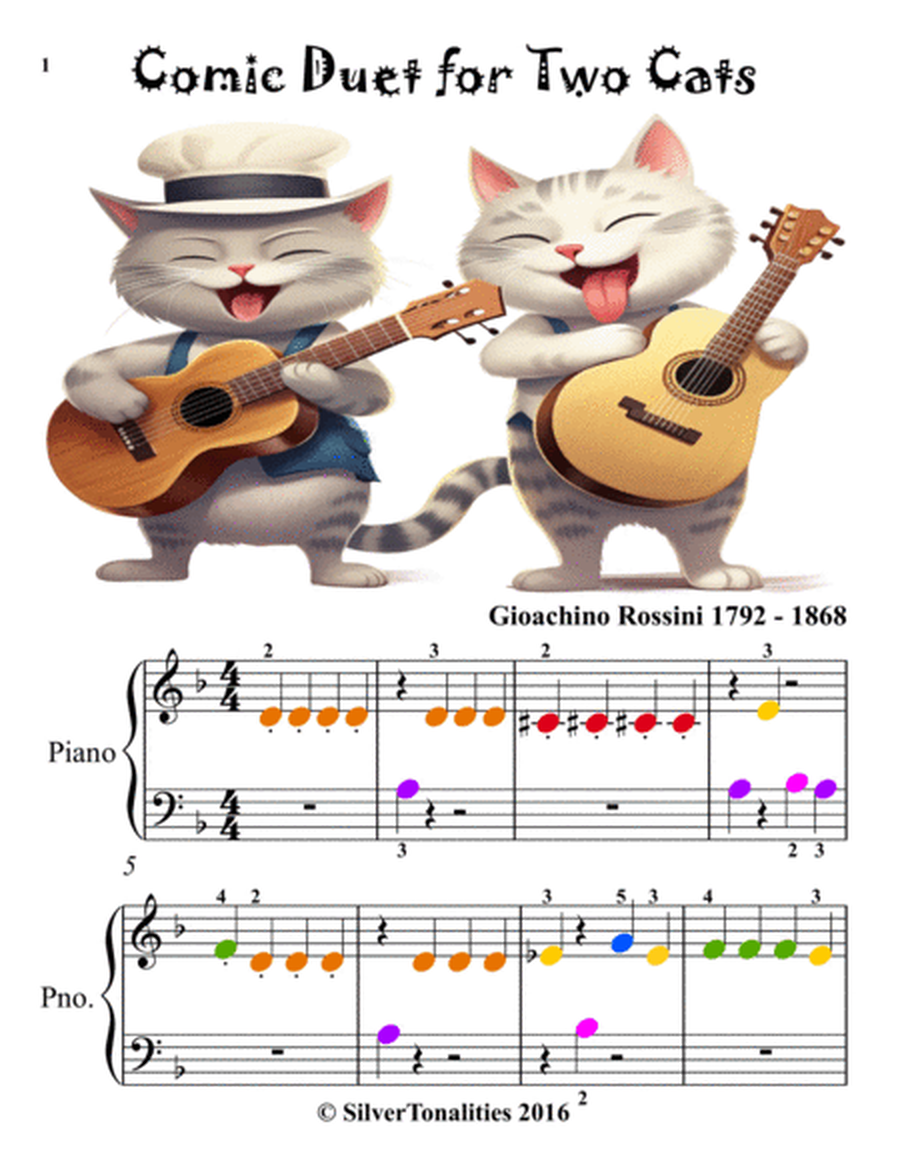 Comic Duet for Two Cats Beginner Piano Sheet Music with Colored Notation