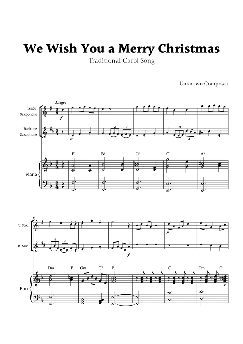 We Wish you a Merry Christmas for Tenor Sax and Baritone Sax Duet with Piano image number null