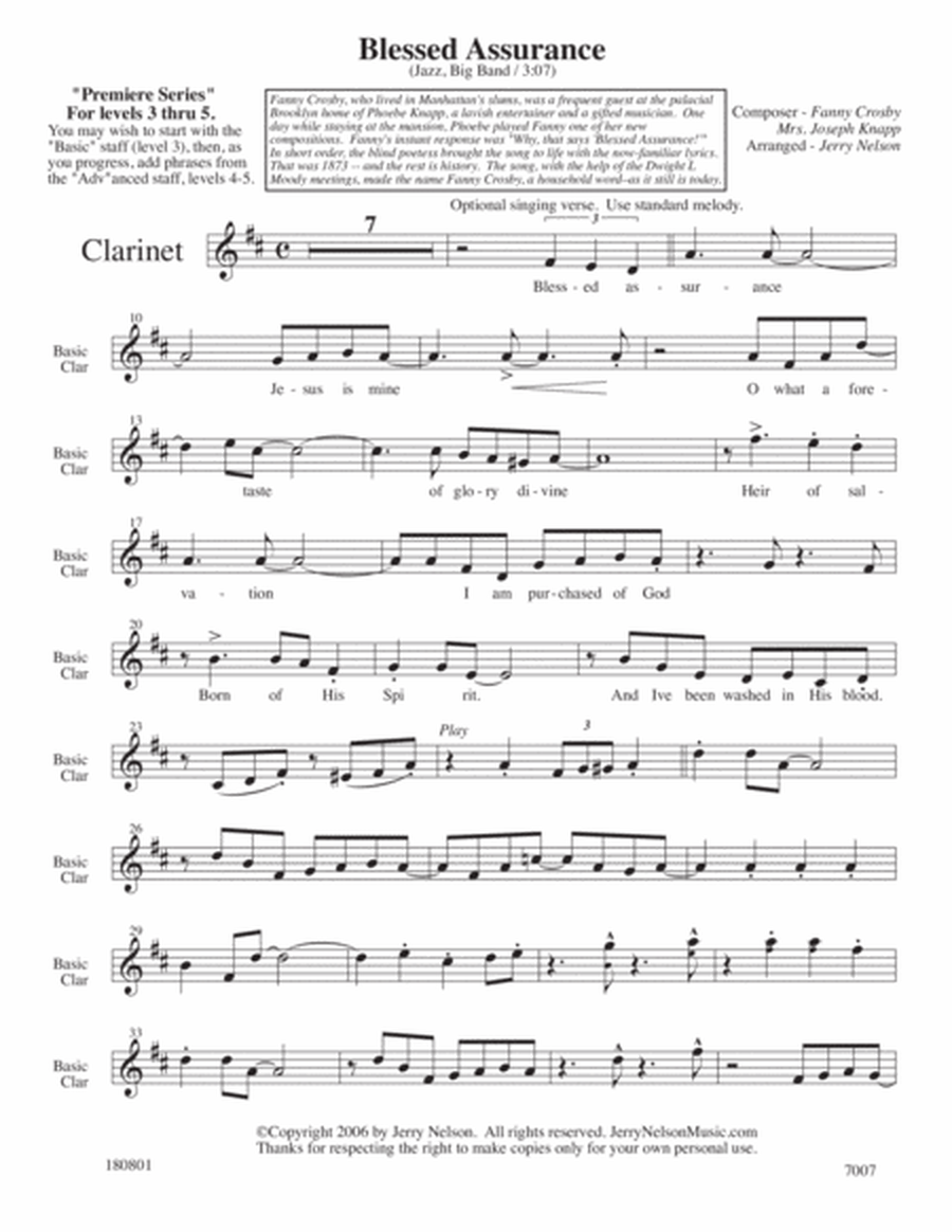 Blessed Assurance (Arrangements Level 3-5 for CLARINET + Written Accomp) HYMN image number null