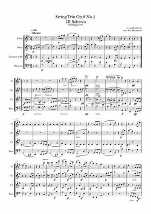 Book cover for Beethoven: String Trio No.3 in G Op.9 No.1 Mvt.III Scherzo - woodwind quartet