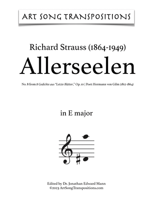 Book cover for STRAUSS: Allerseelen, Op. 10 no. 8 (transposed to E major and E-flat major)