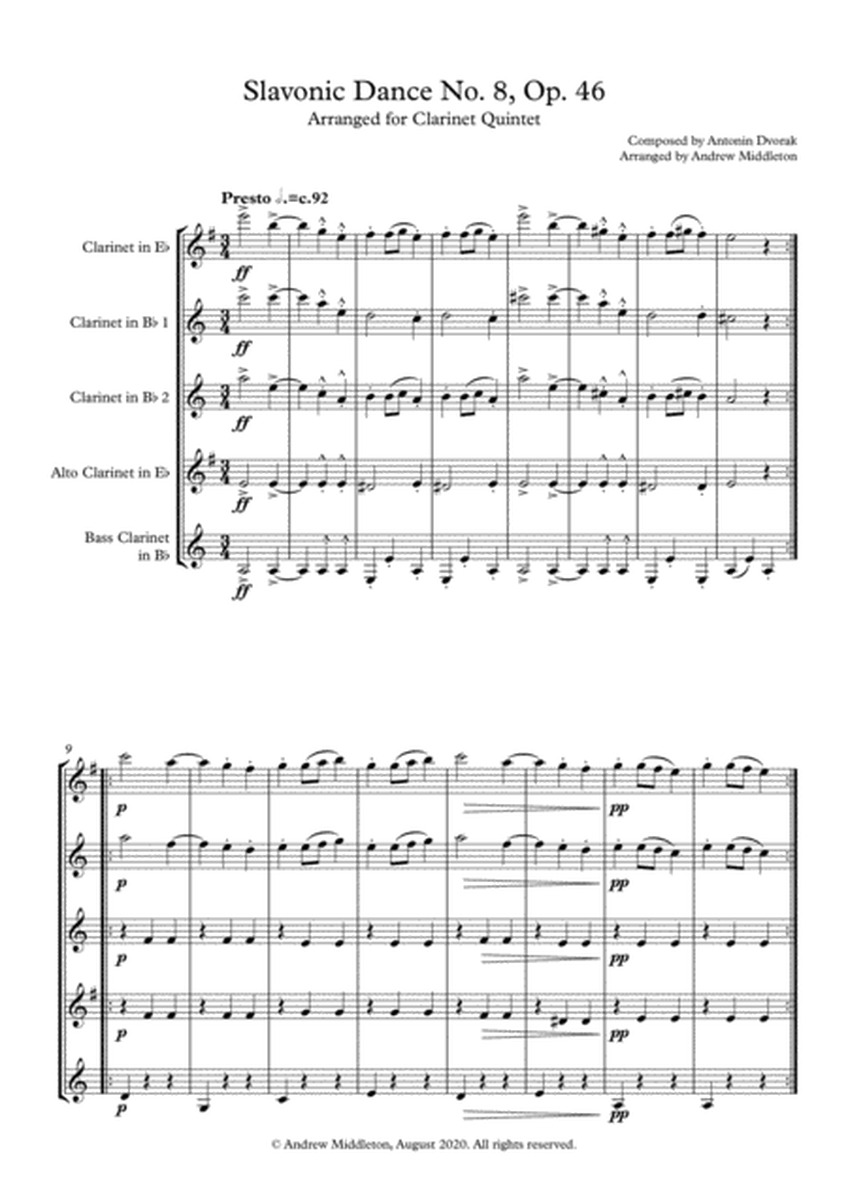 Slavonic Dance No. 8 Op. 46 arranged for Clarinet Quintet