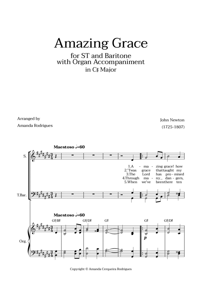 Amazing Grace in C# Major - Soprano, Tenor and Baritone with Organ Accompaniment and Chords image number null