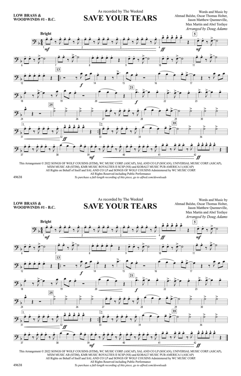 Save Your Tears: Low Brass & Woodwinds #1 - Bass Clef