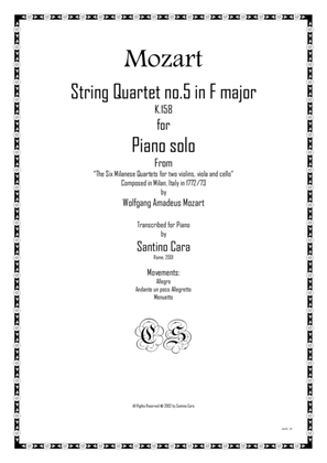 Mozart – Complete String quartet no.5 in F major K158 for piano solo