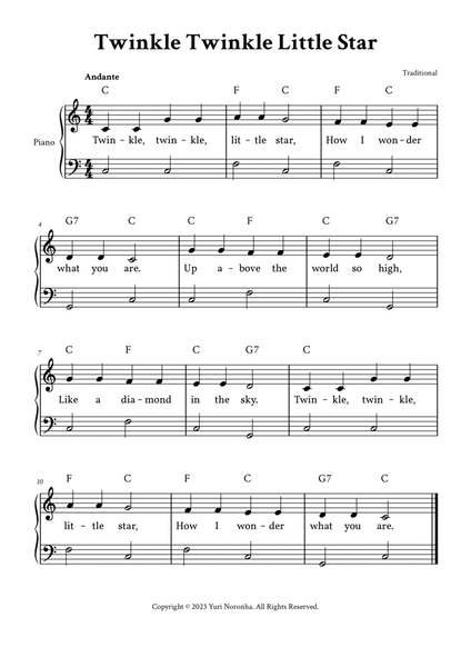 Twinkle Twinkle Little Star - Easy Piano in C (with Lyrics) by Traditional  - Piano Method - Digital Sheet Music | Sheet Music Plus