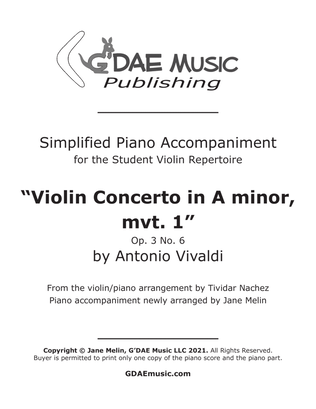 Book cover for Vivaldi - Violin Concerto in Am Op. 3 No. 6 Mvt 1 - Simplified Piano Accompaniment