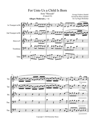 Book cover for For Unto Us a Child is Born (from "Messiah") (G) (Brass Quintet - 2 Trp, 1 Hrn, 1 Trb, 1 Tuba)