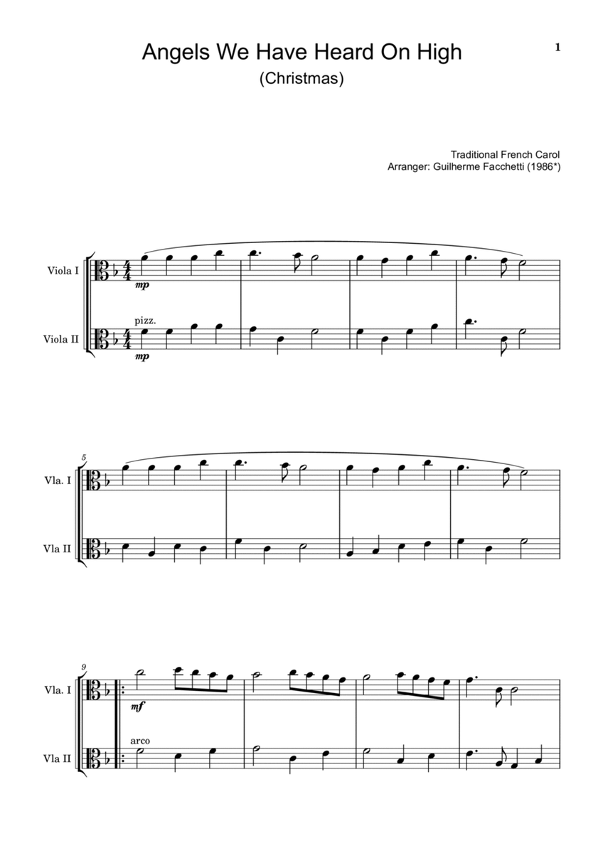 Traditional French Carol - Angels We Have Heard on High. Arrangement for Viola Duet image number null