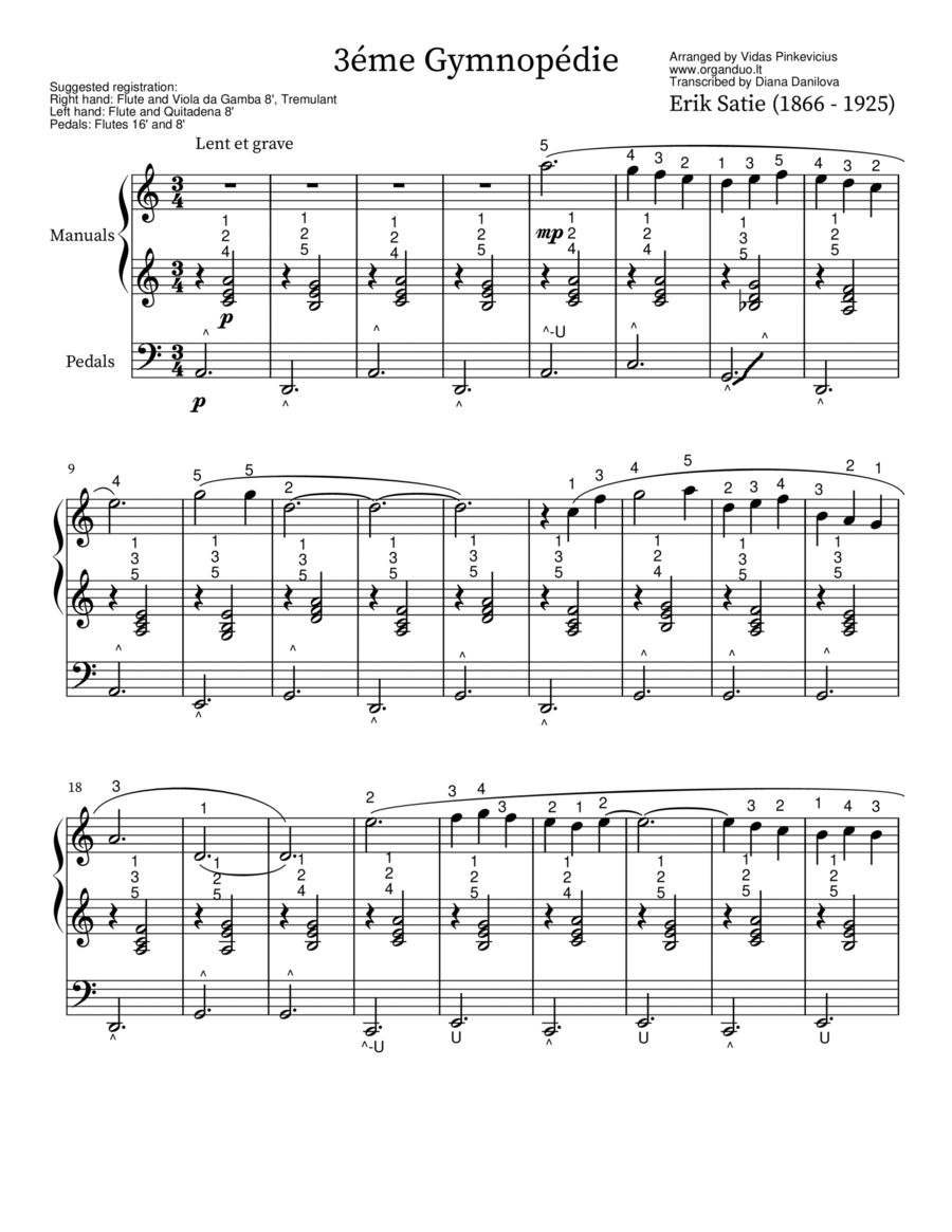 3ème Gymnopèdie (arr. for Organ Solo) by Erik Satie with Fingering and Pedaling