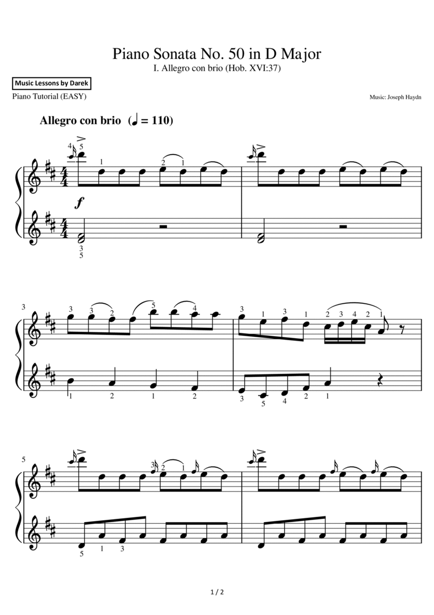 Piano Sonata No. 50 in D Major (EASY PIANO) I. Allegro con brio (Hob. XVI:37) [Joseph Haydn] image number null