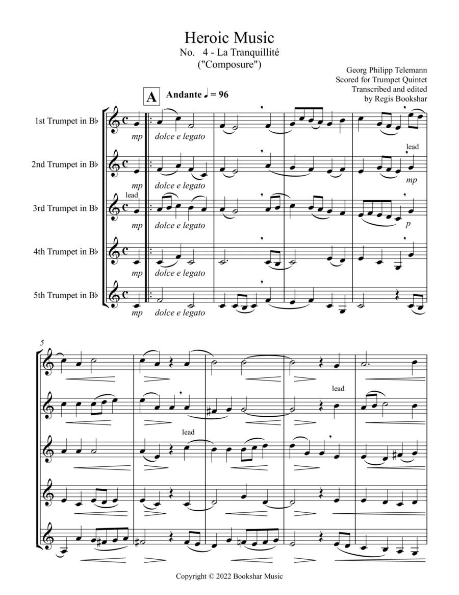 Heroic Music - No. 4. La Tranquillite (Bb) (Trumpet Quintet) image number null