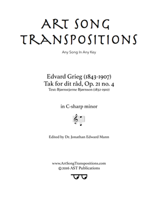 Book cover for GRIEG: Tak for dit råd, Op. 21 no. 4 (transposed to C-sharp minor)