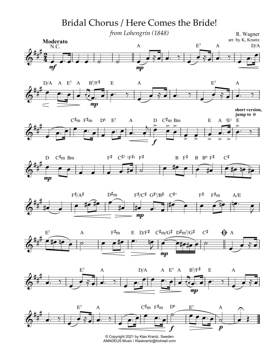 Bridal Chorus / Here Comes the Bride! lead sheet with guitar chords (A Major) image number null